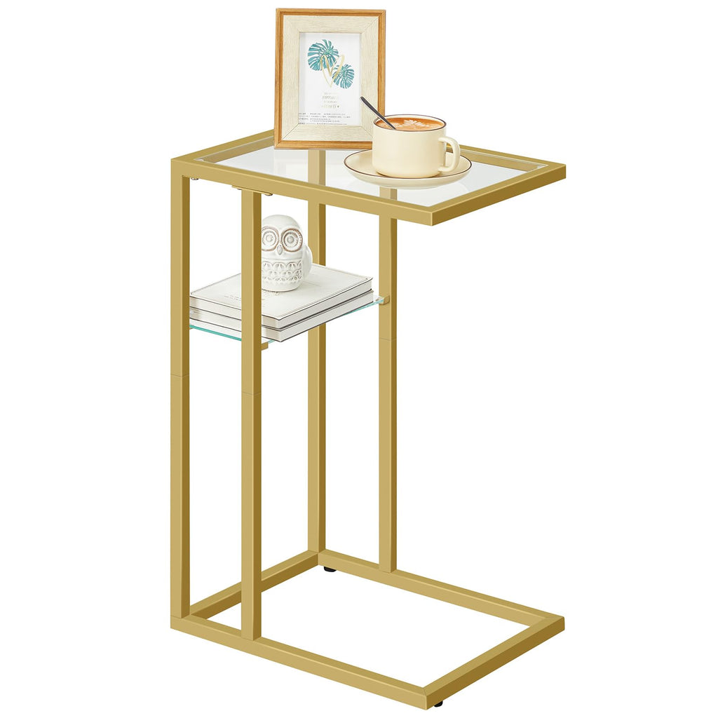 HOOBRO C Shaped End Table Small Side Table for Couch and Bed Tempered Glass Sofa Table with Metal Frame Snack Accent Table for Small Place Living Room Bedroom Gold GD08SF01