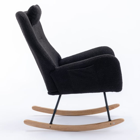 Rocking Chair With Pockets, Soft Teddy Fabric Rocking Chair For The Baby's Room, Comfortable Wingback Gliding Rocking Chair
