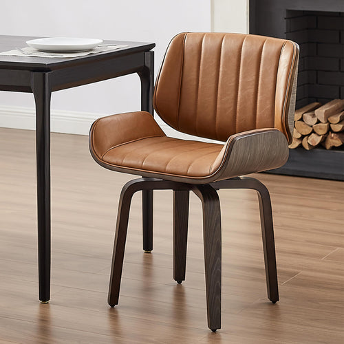 Art Leon Desk Chair No Wheels Mid Century Modern Swivel Accent Chair with Solid Wood Legs Faux Leather Upholstered Office Chair Grey Oak Bentwood Orange Brown