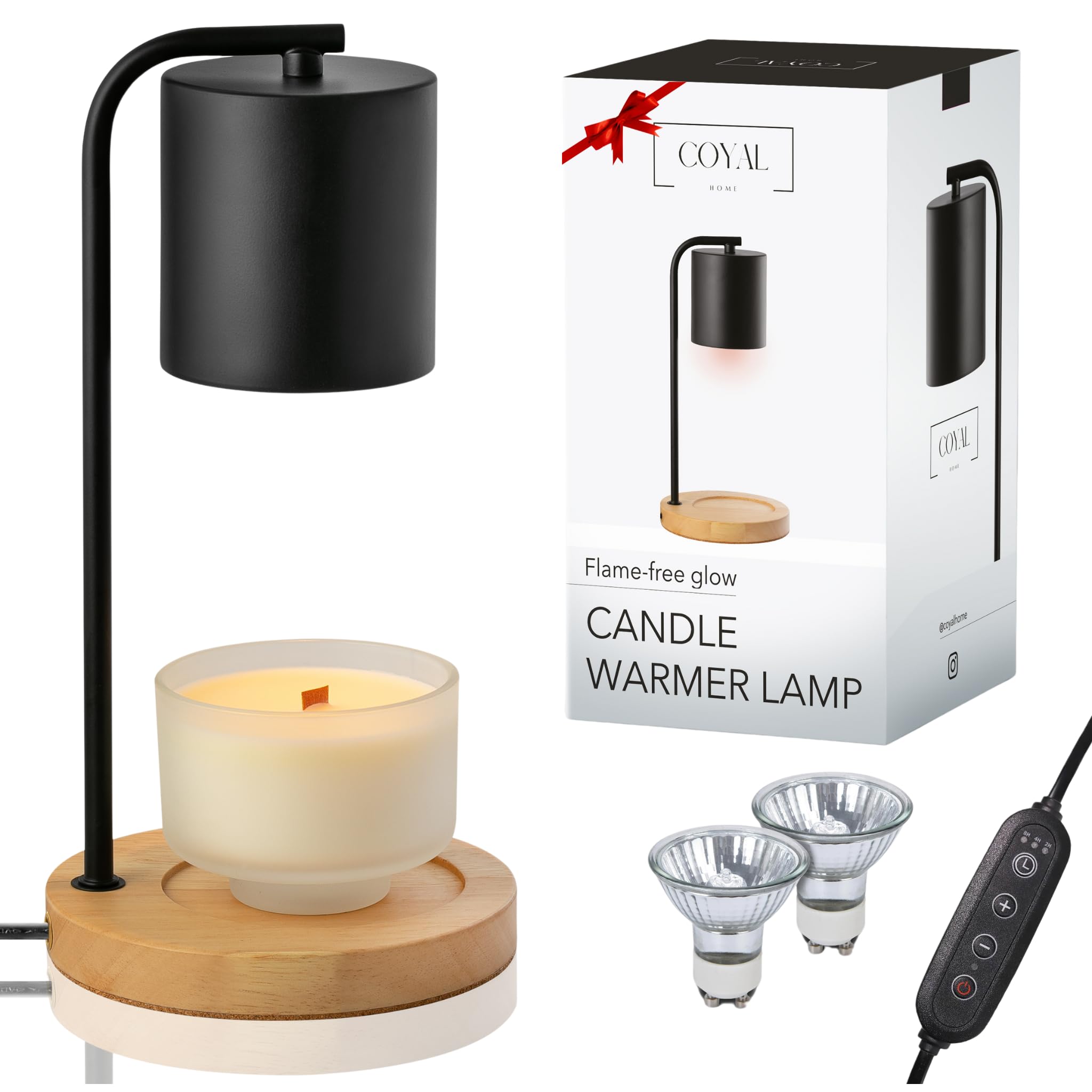 Candle Warmer Lamp with Timer and Dimmer & Includes 2 Bulbs Electric Wax Candle Lamp Warmer for Jar Candles Home Decor Aesthetic and House Warming Gifts - Black Wood