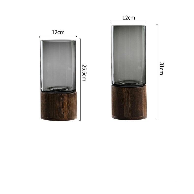Modern Glass Hydroponic Vase with Wooden Stand – Minimalist Tabletop Flower Arrangement