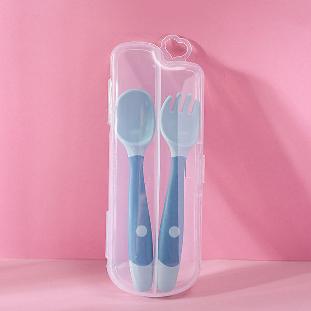 2PCS Soft Silicone Baby Utensils Fork and Spoon Set