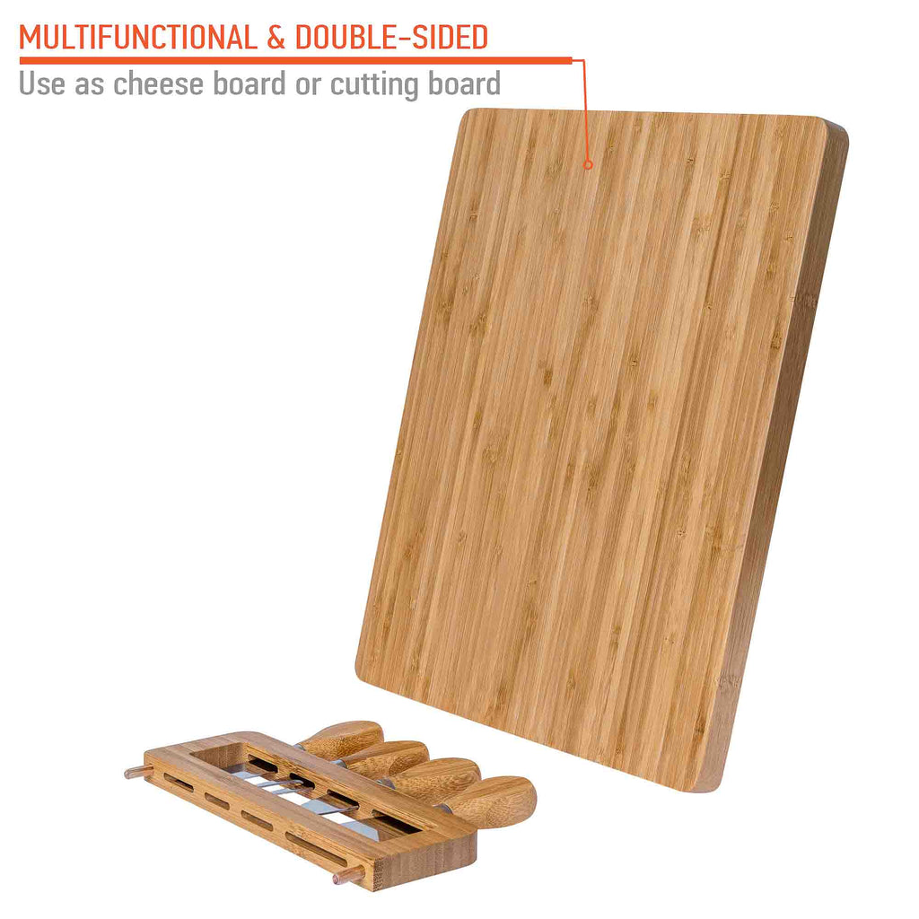 Bamboo Cheese Board and Knife Set, 14x11 Inch, with 4 Cheese Knives