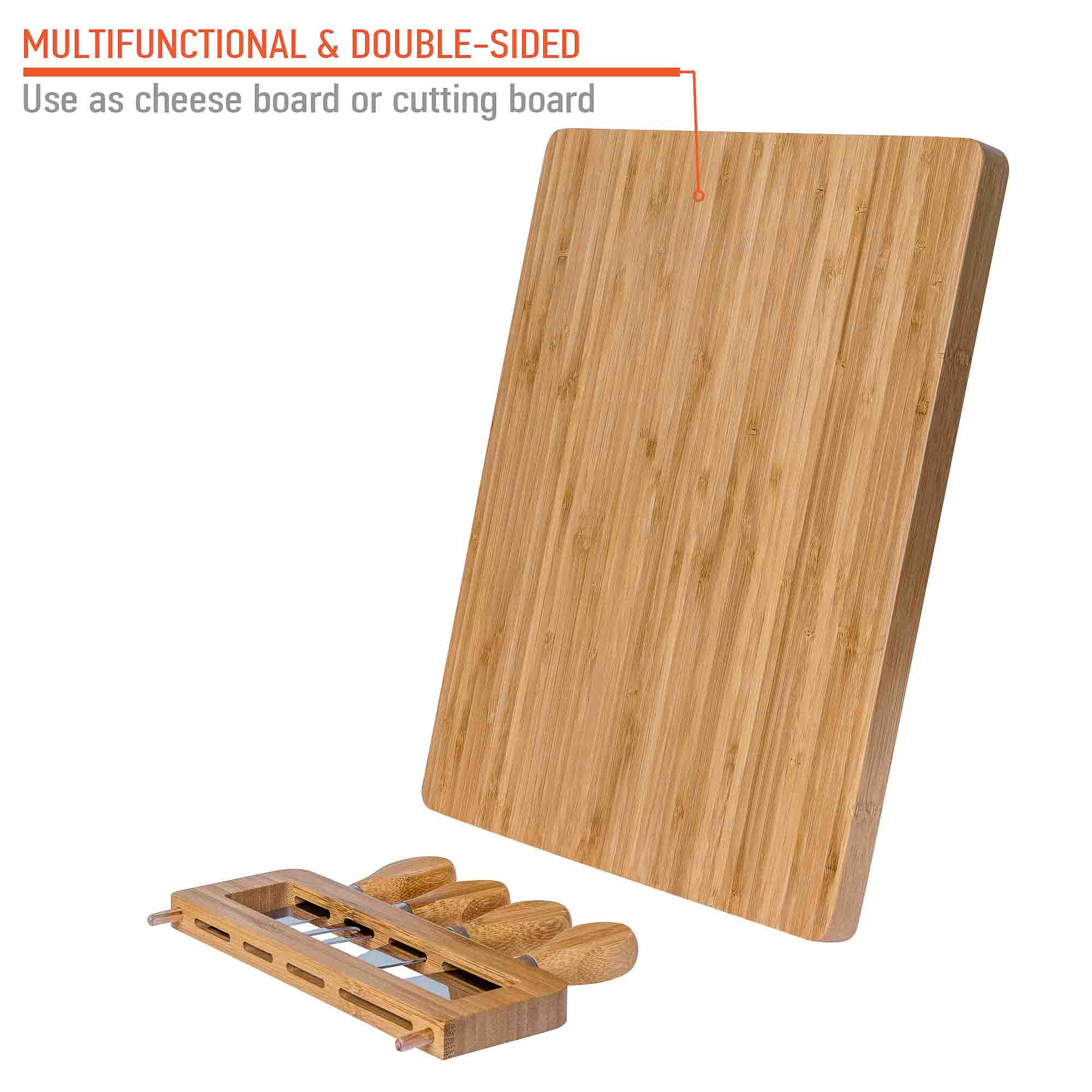 Bamboo Cheese Board and Knife Set, 14x11 Inch, with 4 Cheese Knives