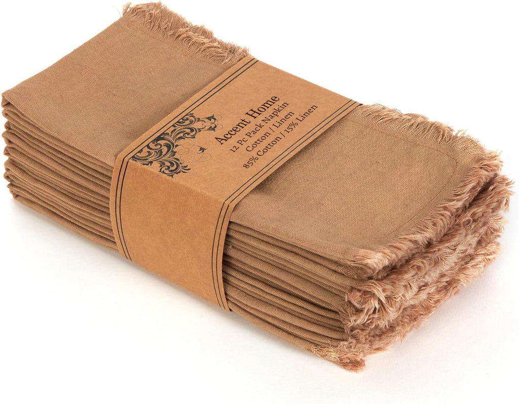 ACCENTHOME Cotton Linen Napkins, 18x18 Inch, Set of 12, Brown