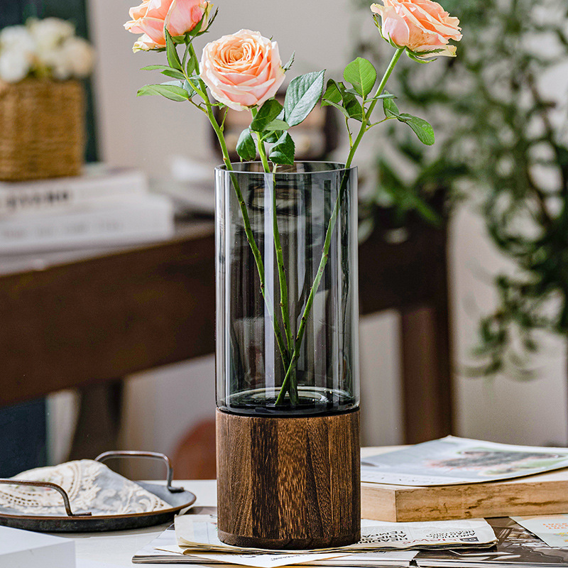 Modern Glass Hydroponic Vase with Wooden Stand – Minimalist Tabletop Flower Arrangement