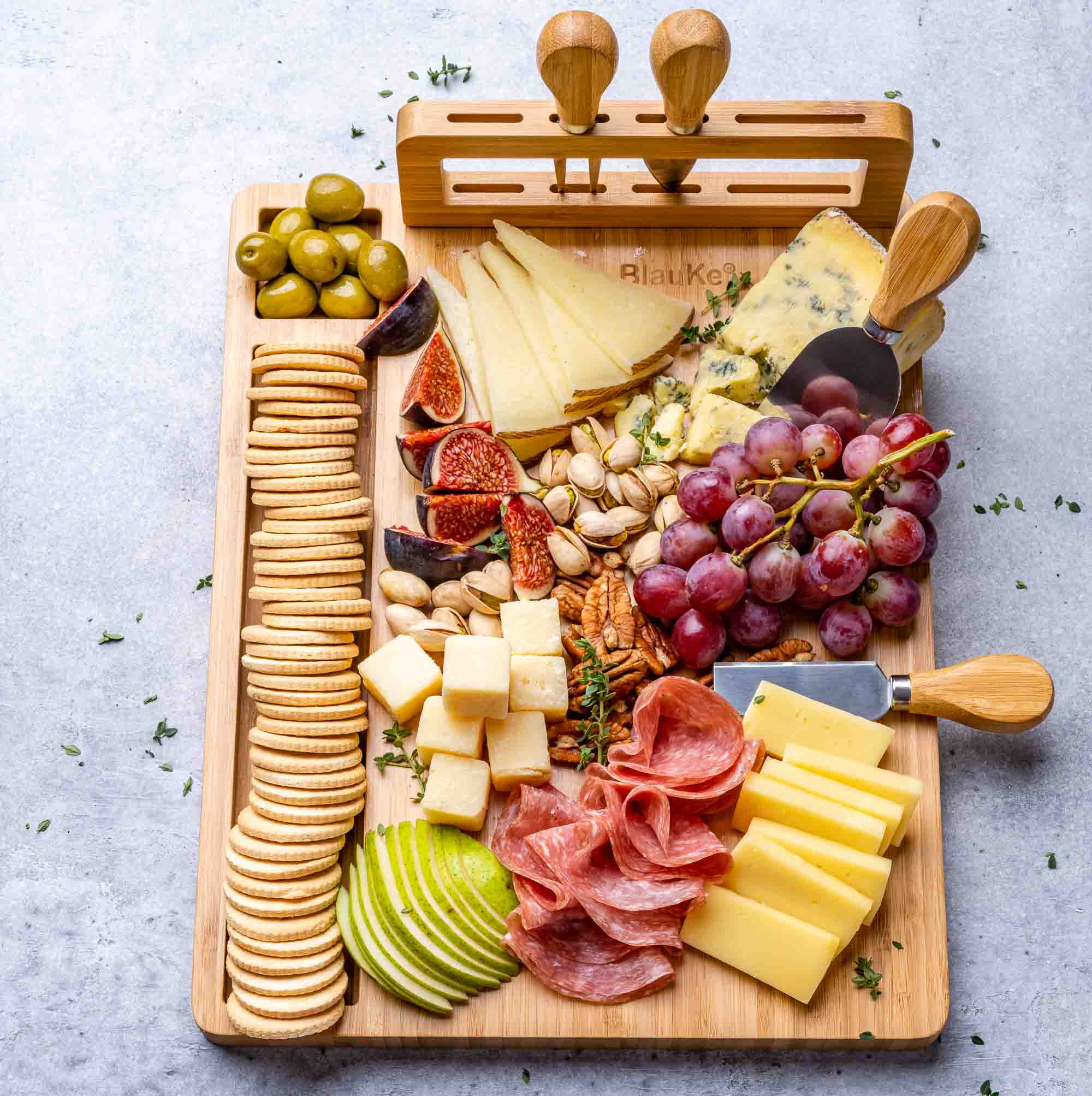 Bamboo Cheese Board and Knife Set, 14x11 Inch, with 4 Cheese Knives