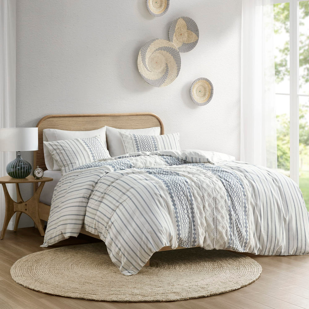 INK+IVY 100% Cotton Duvet Mid Century Modern Design All Season Comforter Cover Bedding Set Matching Shams Full/Queen Imani Chenille Navy