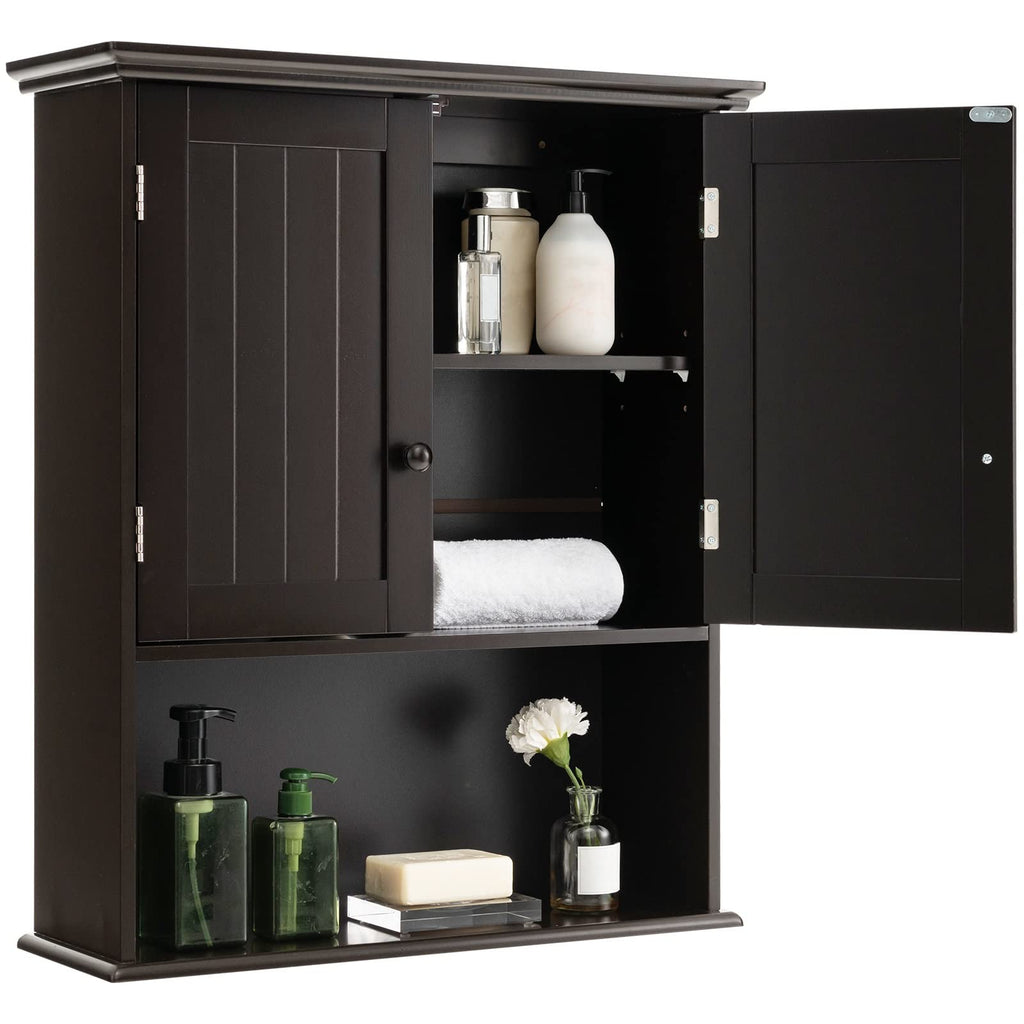 COSTWAY Wall Mounted Bathroom Cabinet Over The Toilet Storage Cabinet w/Double Doors & Adjustable Shelf Wood Hanging Medicine Cabinet for Living Room Entryway Kitchen (Brown)