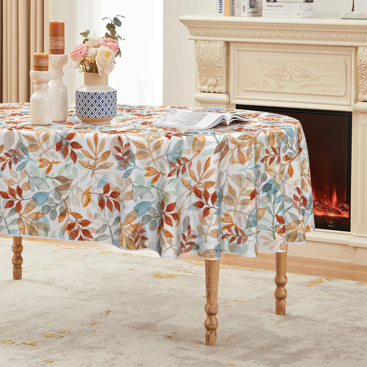 Fall Tablecloth, Oval, Orange Blue Watercolor Leaf, 60x84 Inch