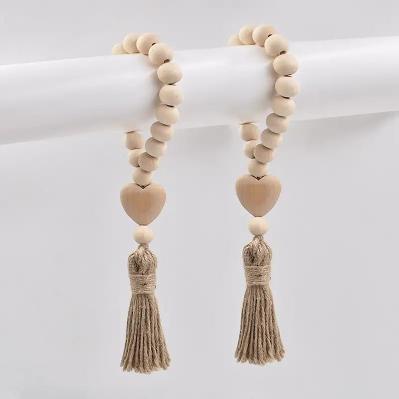 Rustic Wood Bead Garland with Farmhouse Tassels Decor