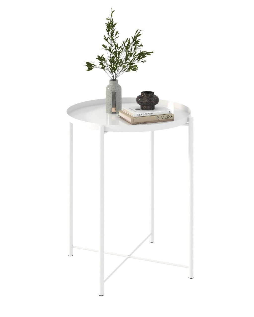 URBANCOZ Round Small Side Table Metal End Table with Removable Tray for Indoor Outdoor Modern Style Sofa Side Table Accent Table for Living Room Bedroom Balcony Office (A-White)