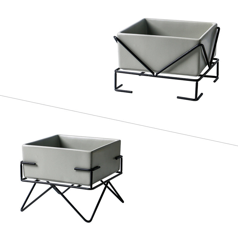 Ceramic Double Cat Bowl with Iron Stand for Pets