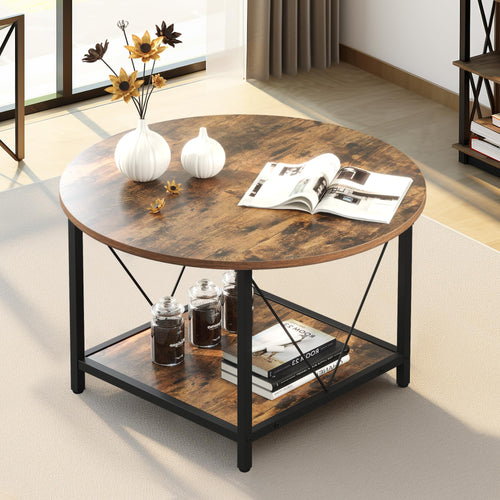 2-Tier Round Farmhouse Coffee Table — Rustic Brown, 31.5 in