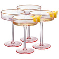 Art Deco Ribbed Coupe Glasses — Set of 4, Pink & Gold, 8 oz