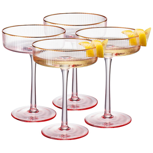 Art Deco Ribbed Coupe Glasses — Set of 4, Pink & Gold, 8 oz