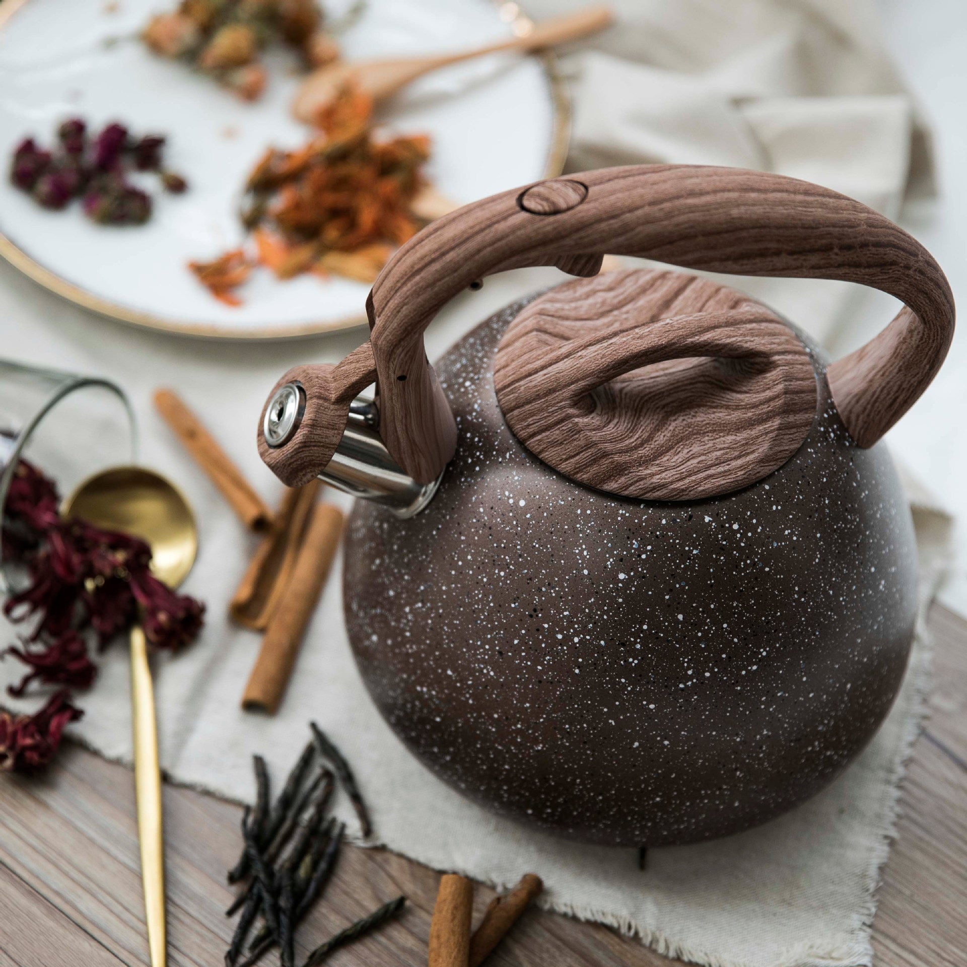 Stainless Steel Whistling Teakettle with Wooden Handle