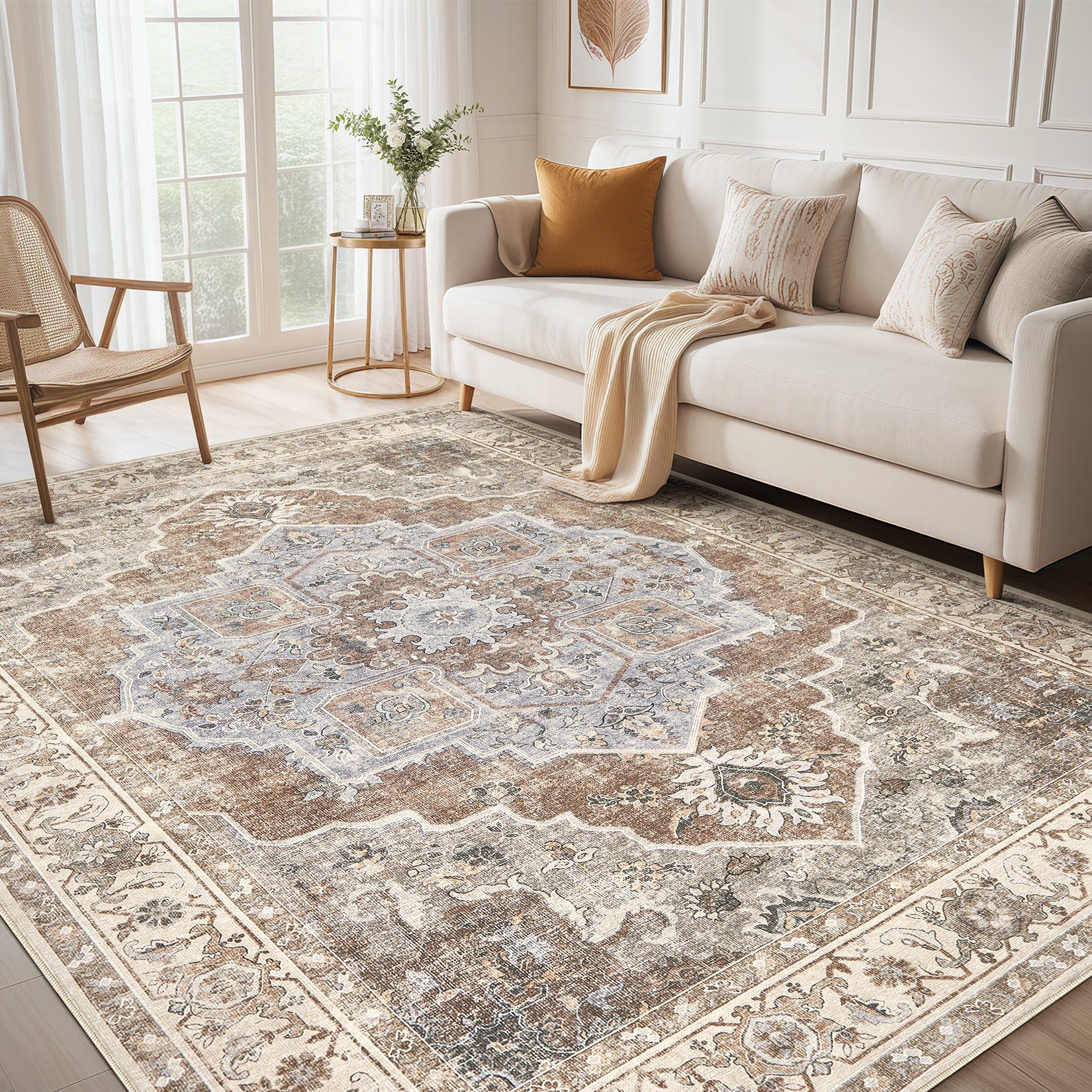 Micgeek Washable 9x12 Area Rugs for Living Room - Vintage Distressed Retro Neutral Farmhouse Thin Soft Large Rug Indoor Floor No Slip Rug Carpet for Bedroom Dining Room Decor - Grey Brown