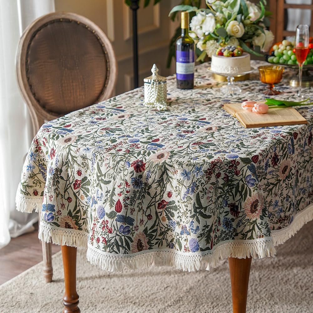 Oval French Floral Tablecloth, Hand-Made Cotton with Lace, Red, 60 x 120 Inch
