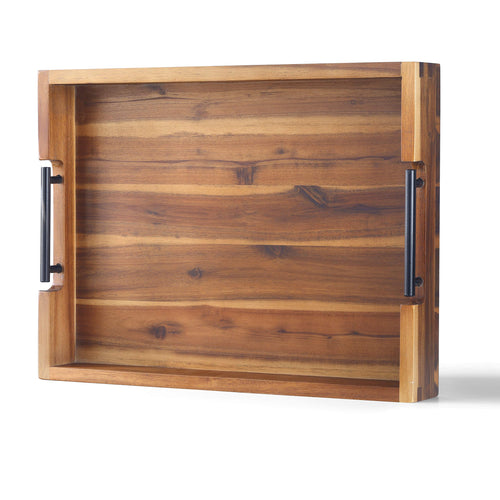 Acacia Wood Serving Tray with Metal Handles — 16.5 × 12.5 in