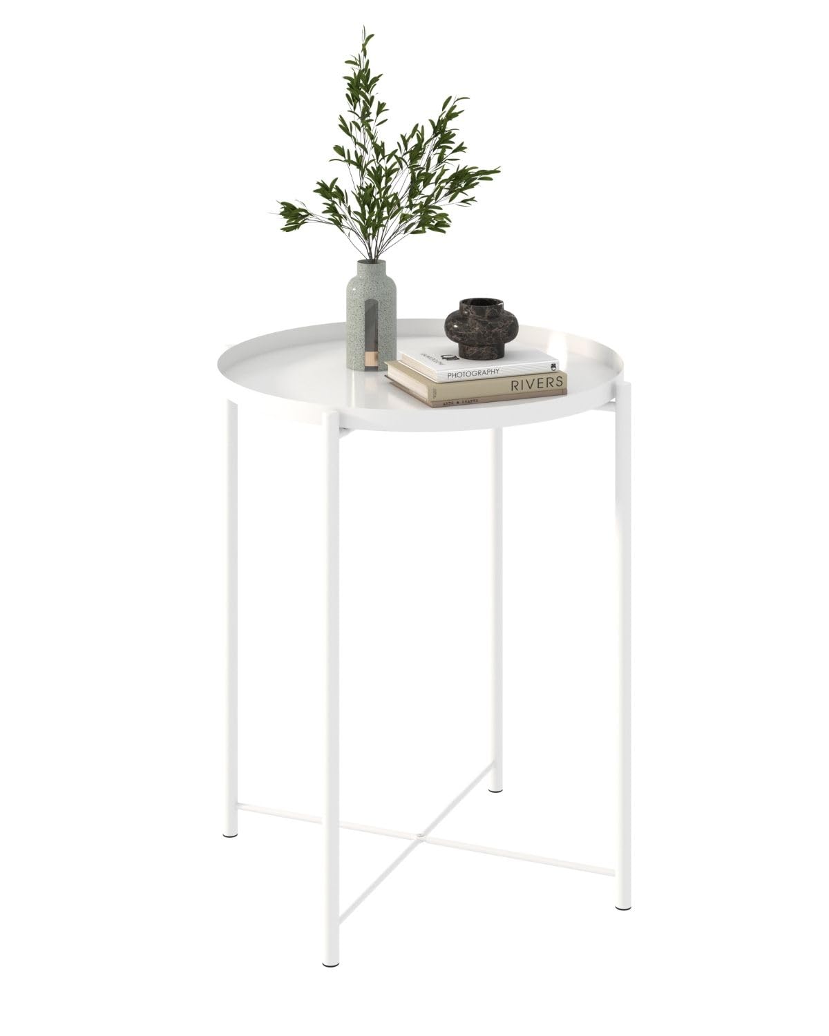 URBANCOZ Round Small Side Table Metal End Table with Removable Tray for Indoor Outdoor Modern Style Sofa Side Table Accent Table for Living Room Bedroom Balcony Office (A-White)