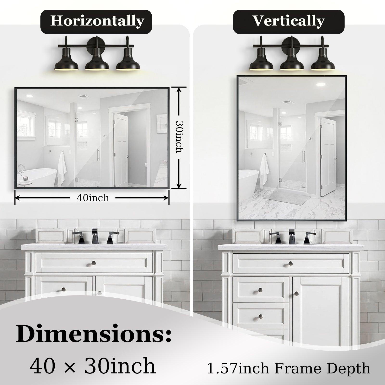 40x30 Inch Glossy Black Bathroom Mirror Wall Rectangular Vanity Mirror