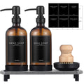 NEECZS Kitchen Soap Dispenser Set with Instant Dry Tray16 Oz Hand and Dish Soap Amber Glass Dispenser SetStainless Steel PumpWaterproof Labels&Dish BrushLuxury Soap Bottle for KitchenBathroom