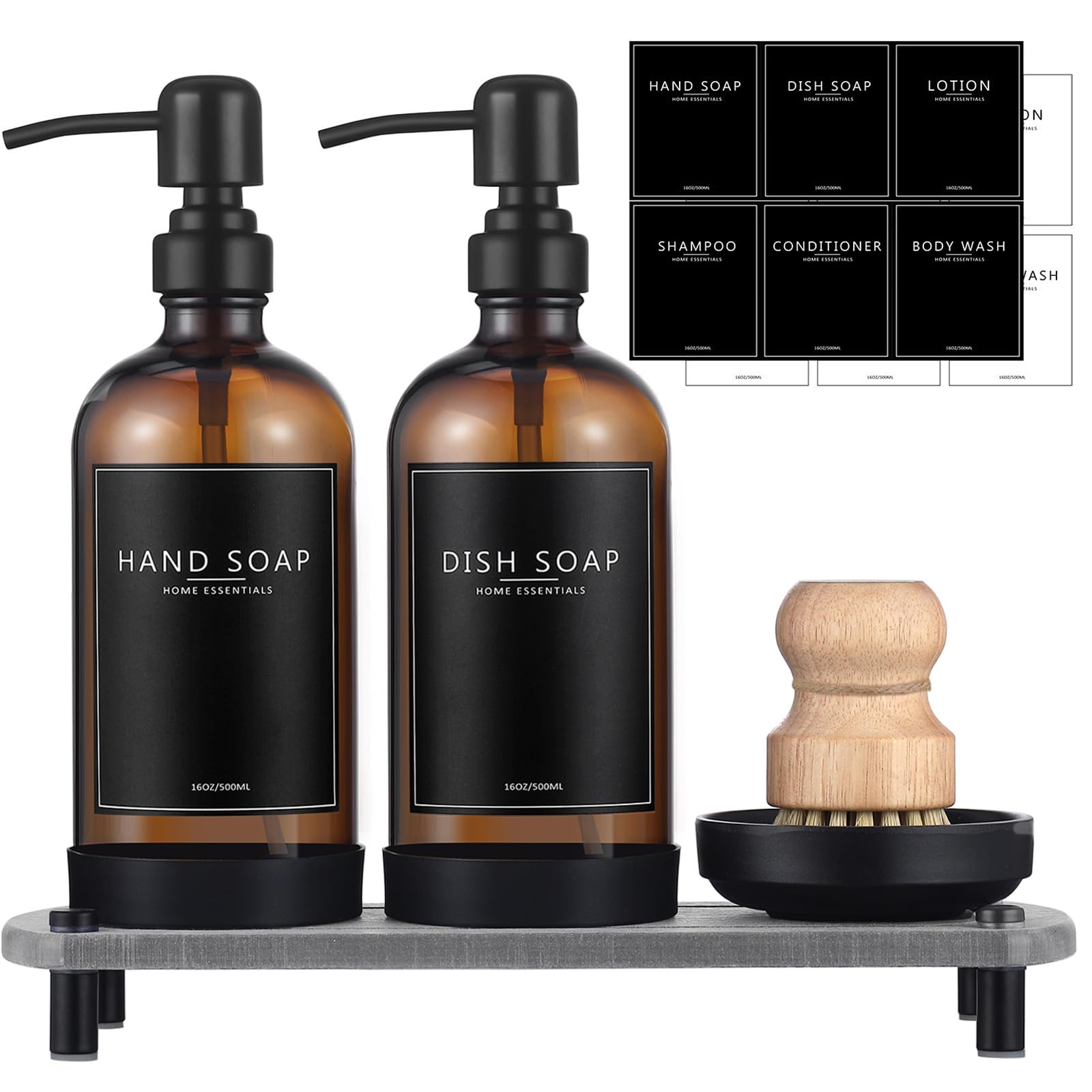 NEECZS Kitchen Soap Dispenser Set with Instant Dry Tray16 Oz Hand and Dish Soap Amber Glass Dispenser SetStainless Steel PumpWaterproof Labels&Dish BrushLuxury Soap Bottle for KitchenBathroom