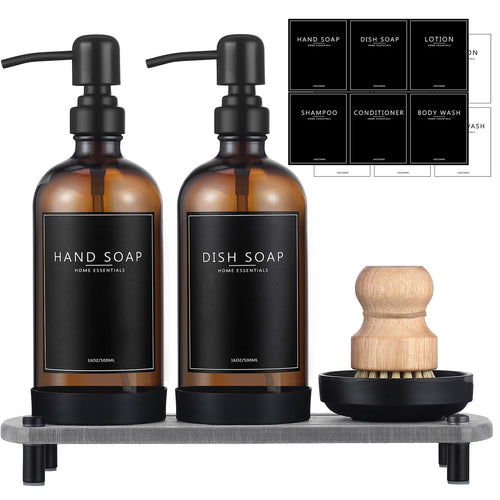 Amber Glass Soap Dispenser Set with Drying Tray