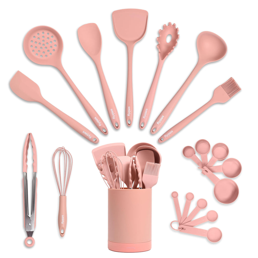 20-Piece Silicone Kitchen Utensils Set with Holder, Pink