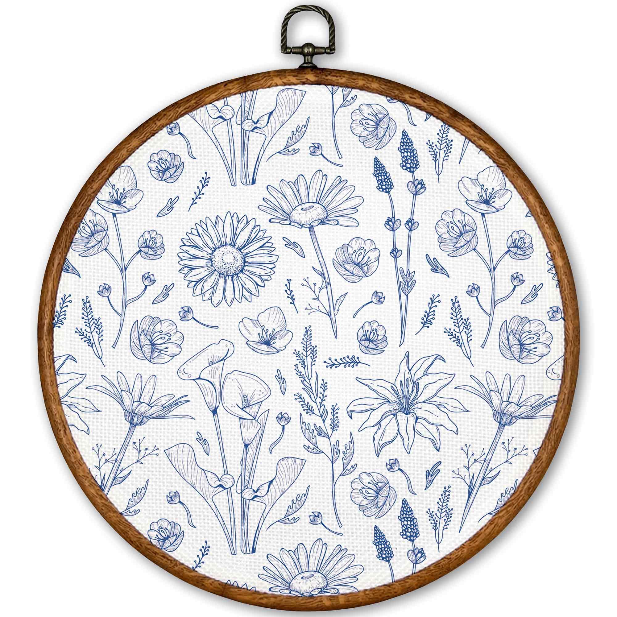 Blue Chinoiserie Floral Round Wall Art, Vintage Botanical, 10x10