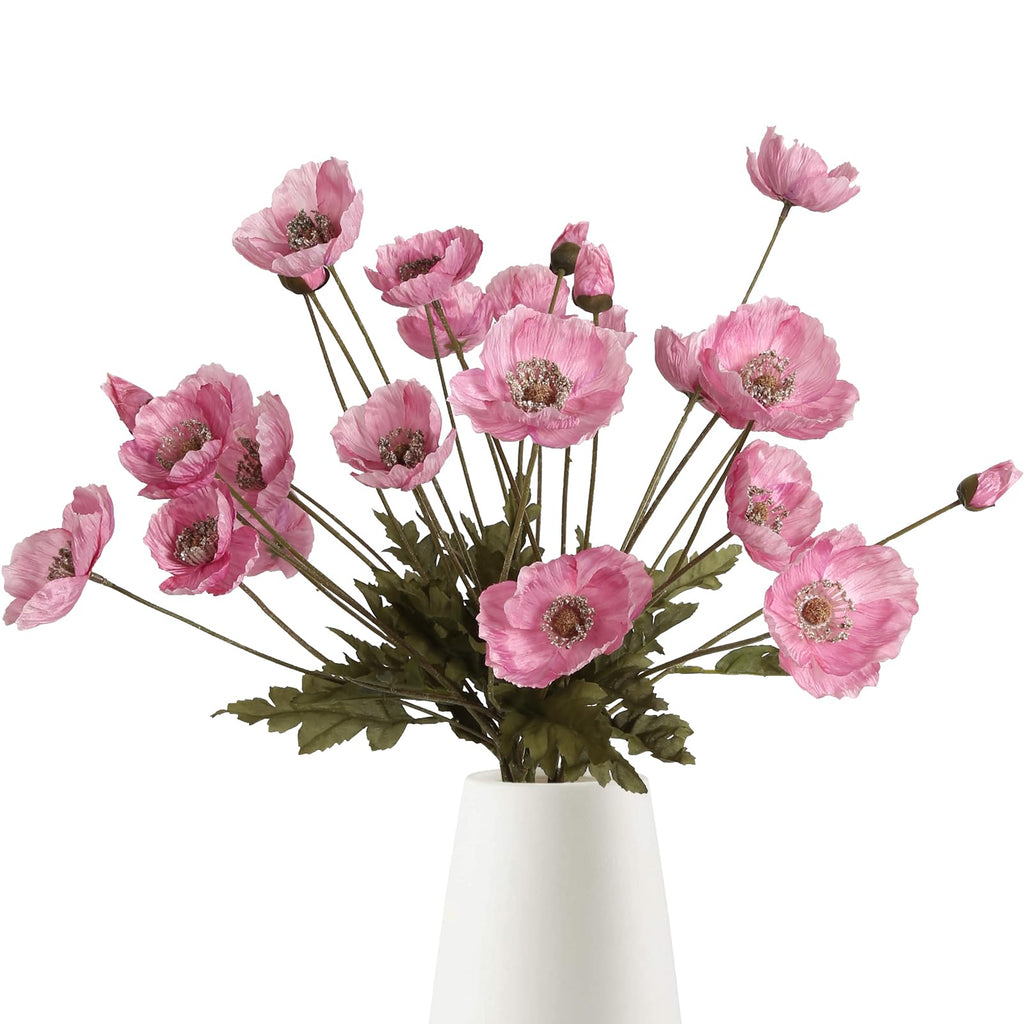 Artificial Poppy Silk Flowers with Stems, Pink, Set of 6