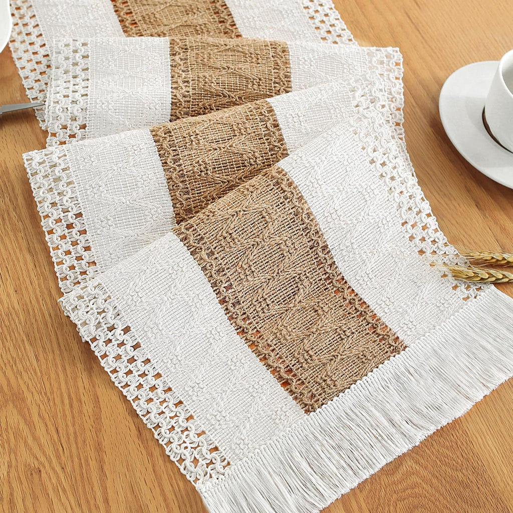 Boho Table Runner with Tassels, 72 Inch, Cream & Brown
