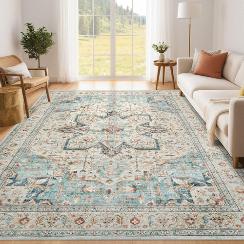 Area Rug Living Room Rugs - 5x7 Washable Boho Rug Vintage Oriental Distressed Farmhouse Large Thin Indoor Carpet for Living Room Bedroom Under Dining Table Home Office - Aqua Multi