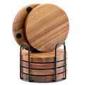 Acacia Wood Coasters with Holder, Set of 6, 4 Inch