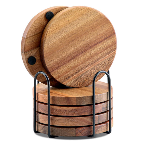 Acacia Wood Coasters with Holder — Set of 6, 4 in