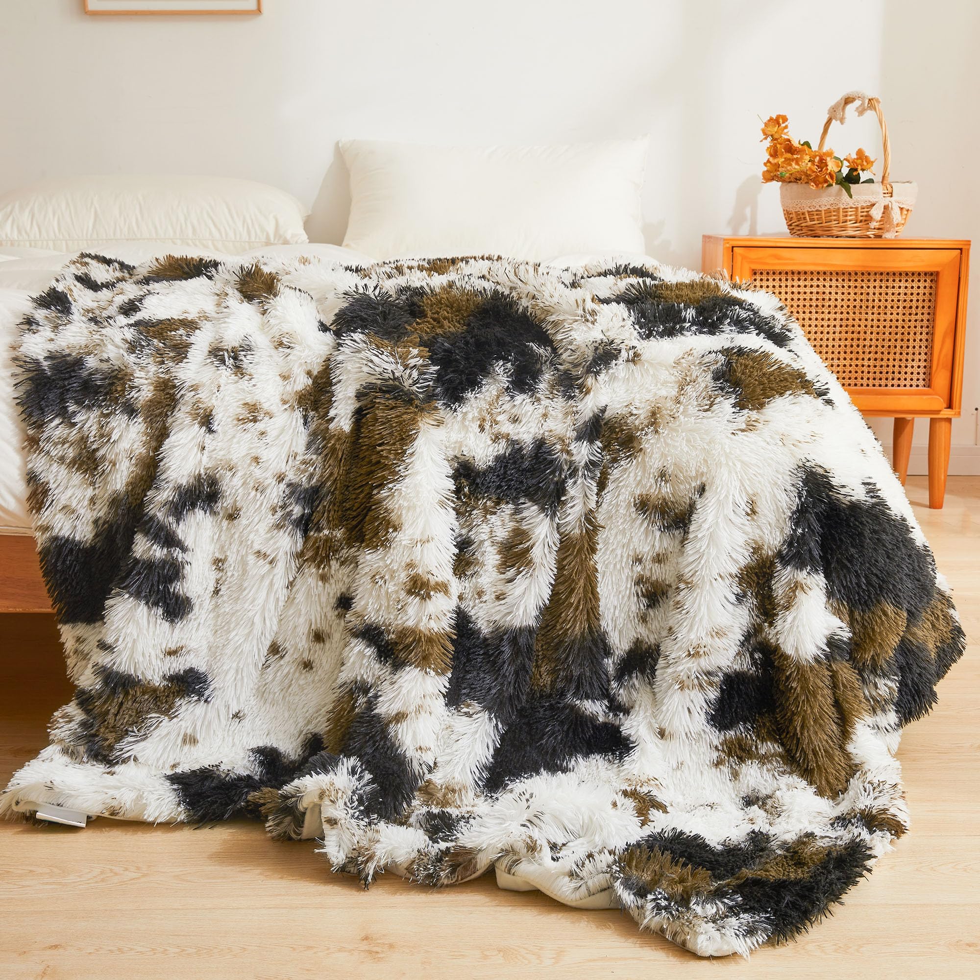 Cow Print Faux Fur Throw Blanket — Brown, 60 × 90 Inch