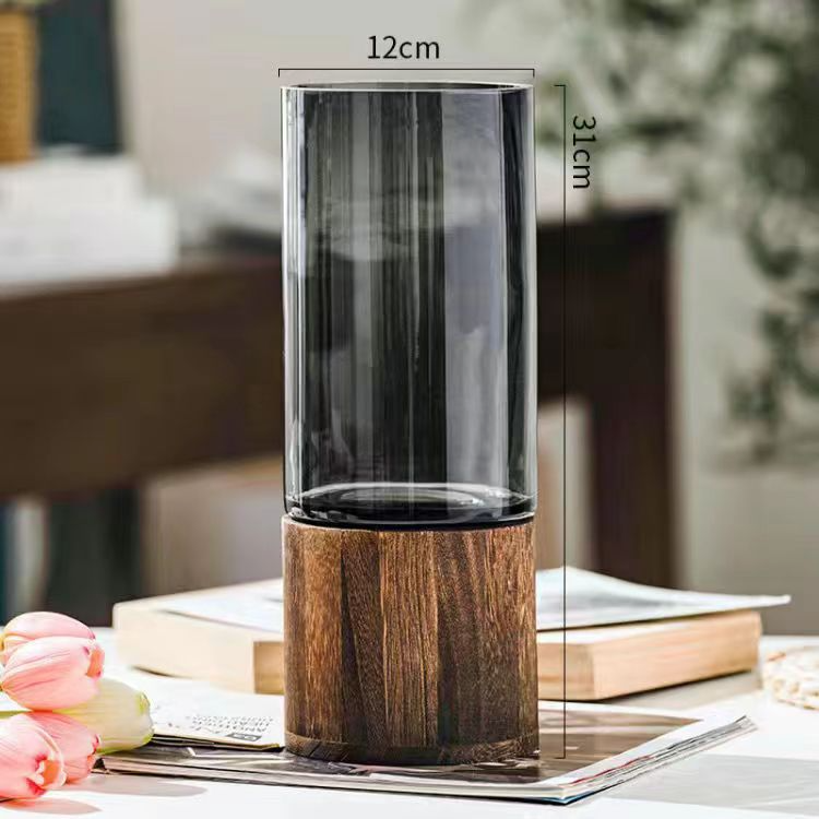 Modern Glass Hydroponic Vase with Wooden Stand – Minimalist Tabletop Flower Arrangement