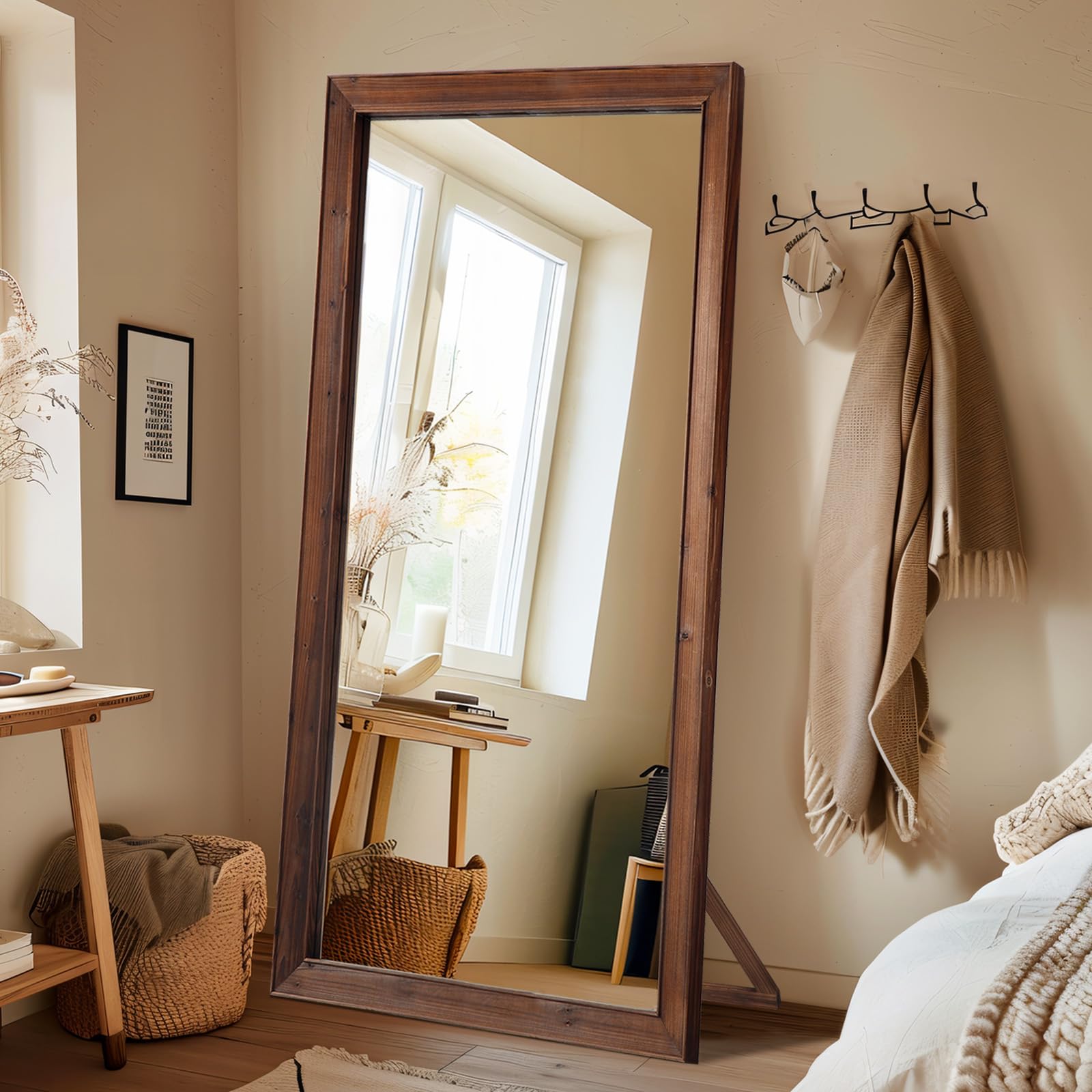 71" x 32" Rustic Farmhouse Full Length Mirror – Wood Frame Free-Standing Floor Mirror