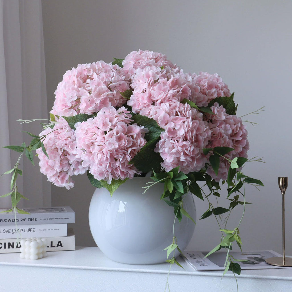 Faux Hydrangea Silk Flowers with Stems, Pink, 21 Inch, Set of 4