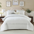 Embroidered Cotton Comforter Set — Queen, White & Gray, 3 Piece