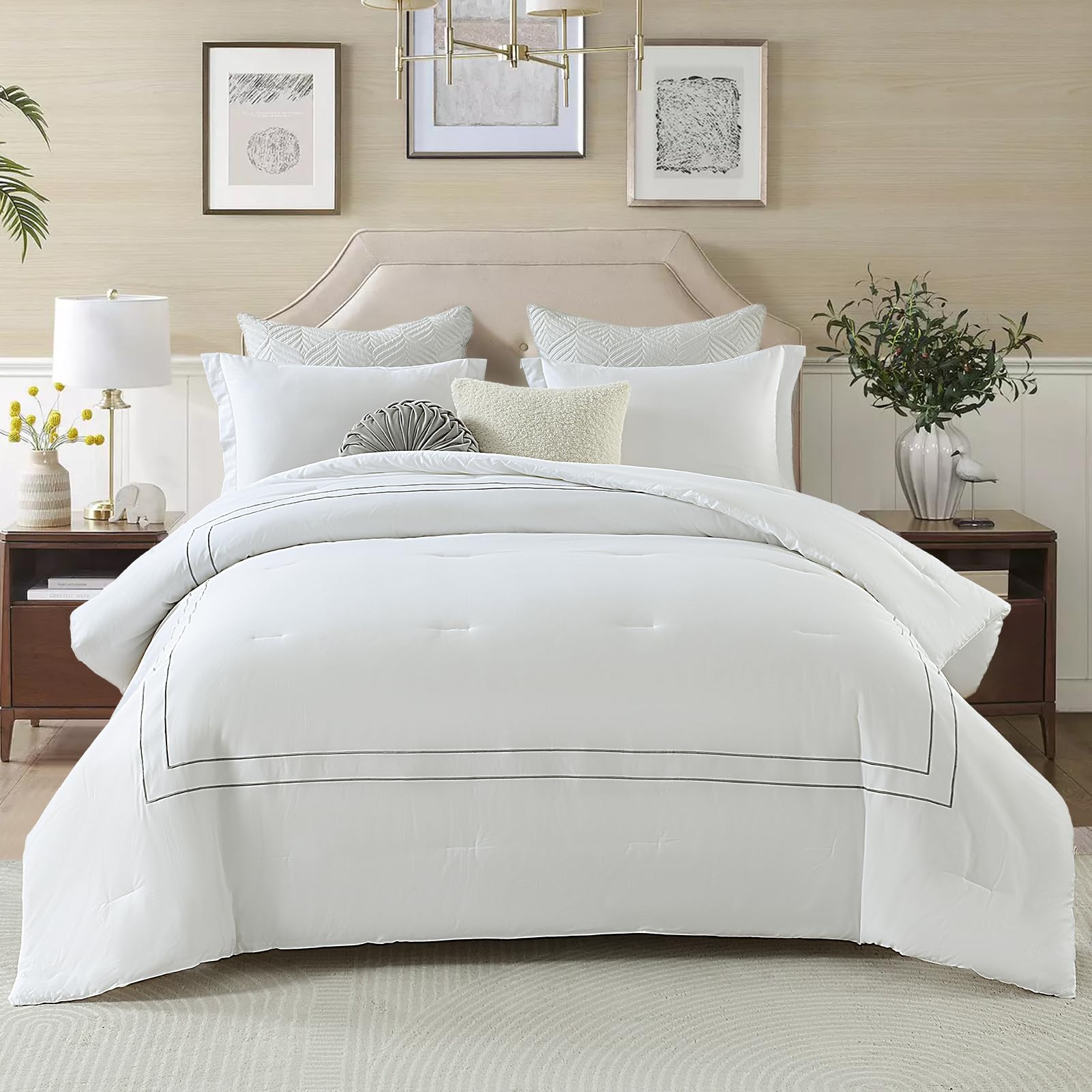 Embroidered Cotton Comforter Set — Queen, White & Gray, 3 Piece