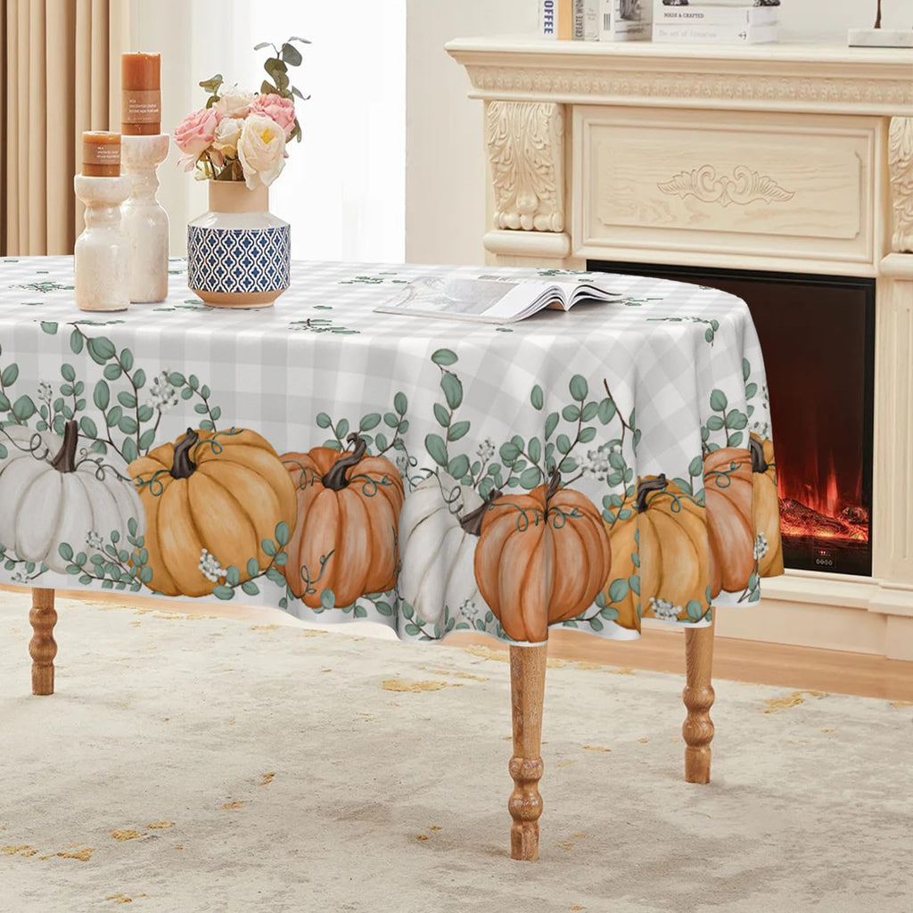 Fall Tablecloth, Oval, Orange Pumpkin Buffalo Plaid, 50x70 Inch