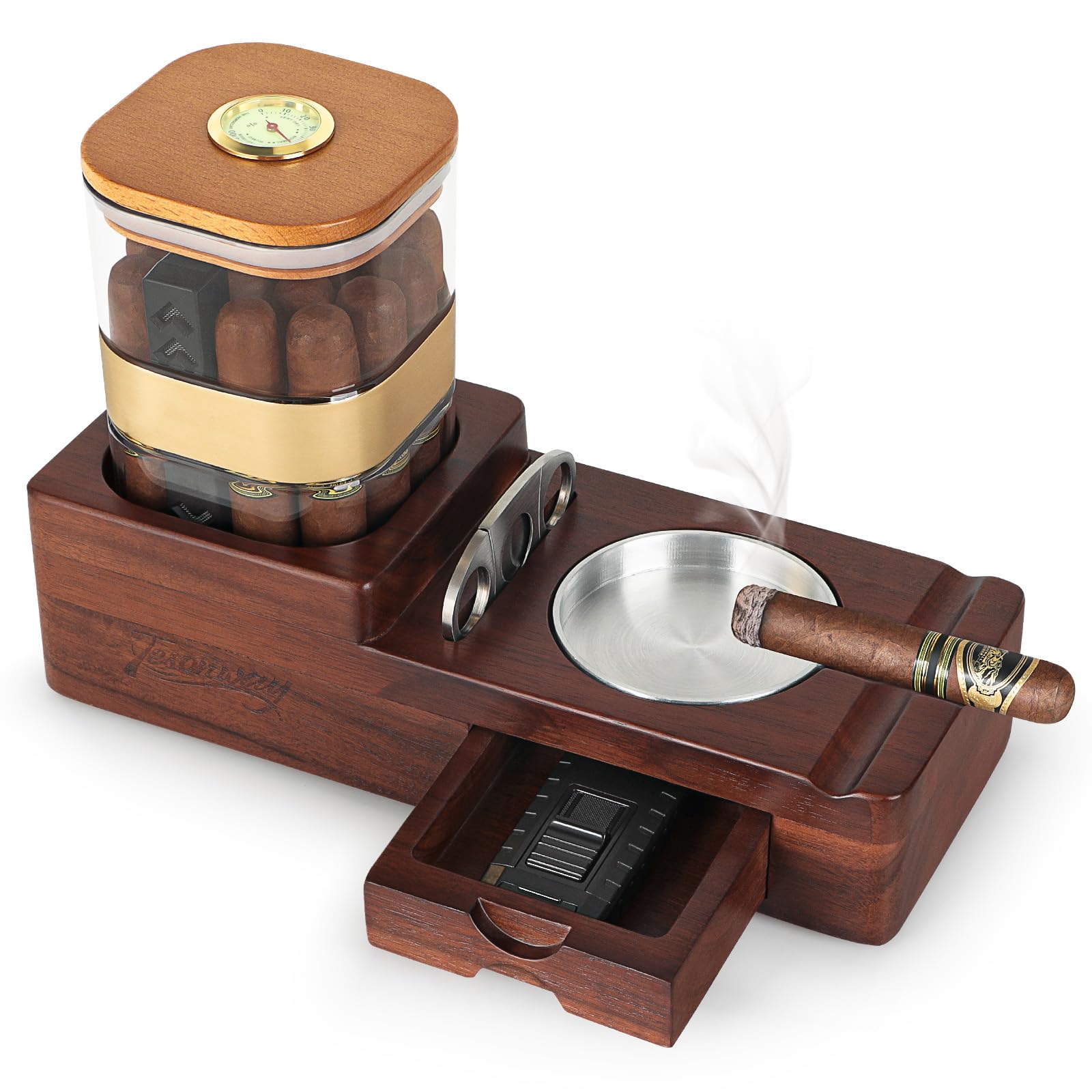 Wooden Cigar Humidor and Ashtray Set with Cutter