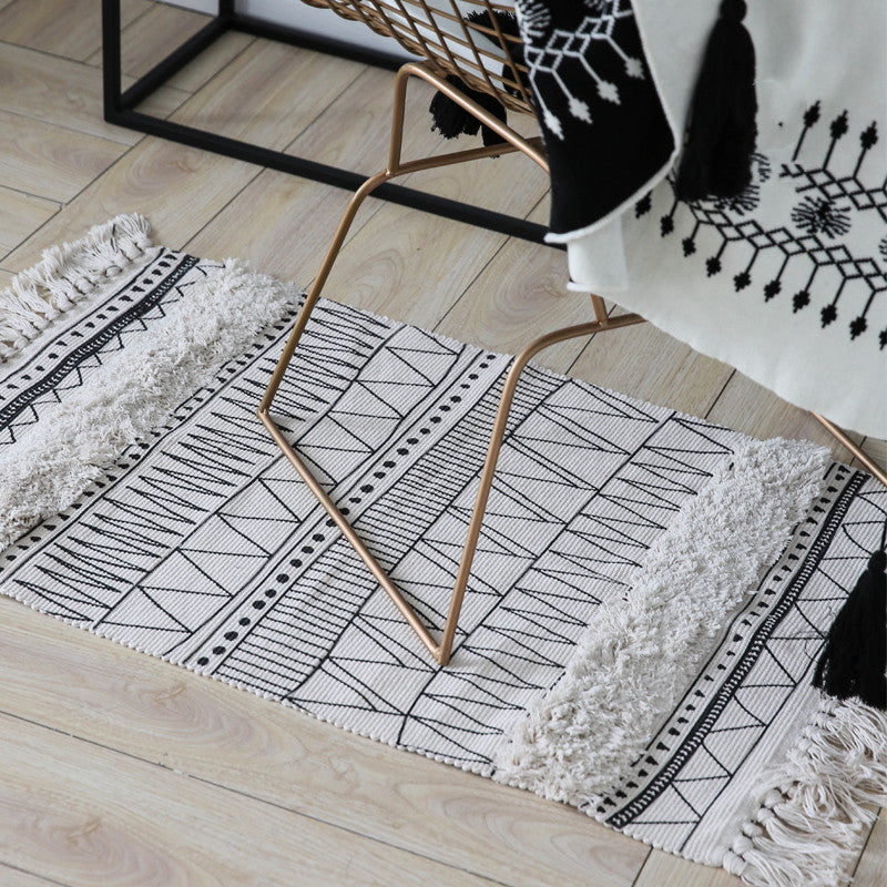 Geometric Black and White Moroccan Carpet with Tassels