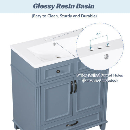 30 Inch Bathroom Vanity with Resin Sink, Solid Wood Frame – Storage Cabinet with Soft Close Door