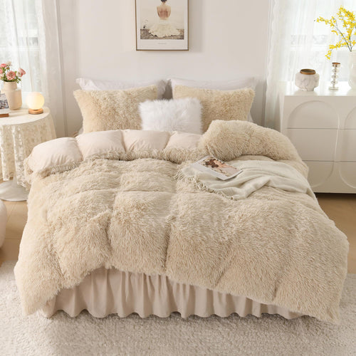 Beige Plush Faux Fur Comforter Set — Queen, 3 Piece