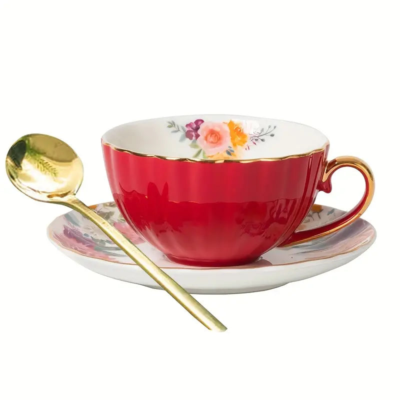 Vintage Ceramic Coffee Mug Set with Saucer and Spoon