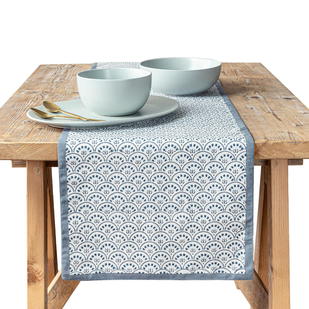 over&back Hand-Blocked Printed Cotton Table Runner, 18x90, Blue Arch