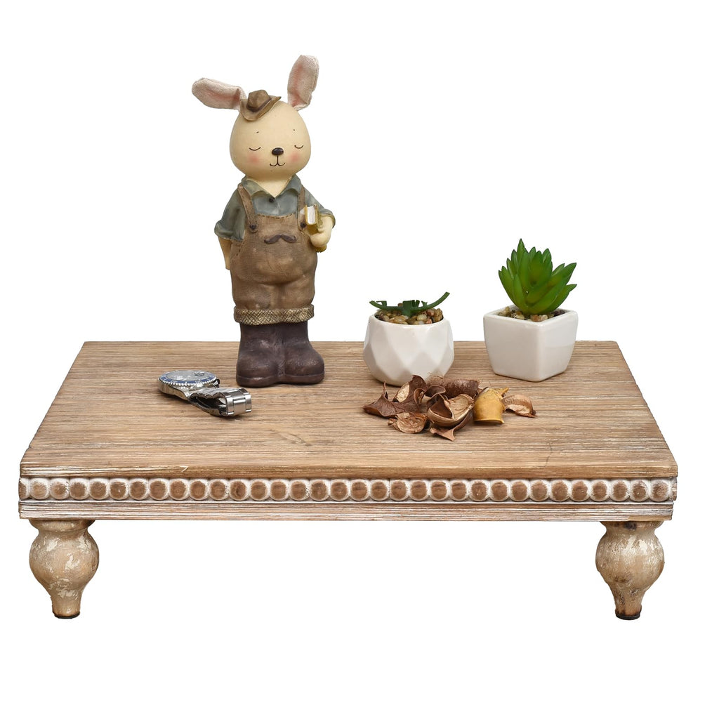 SwallowLiving Farmhouse Wood Riser for Display Decorative Rustic Shabby Chic Tray for Kitchen Counter Coffee Bar Table Dining Room Wooden Rectangle Beaded Pedestal Stand for Food